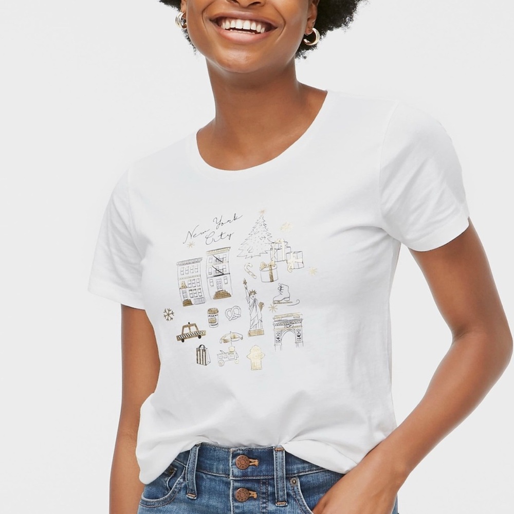 J. Crew Factory White Short Sleeve Holiday Graphic Tee with Gold Accents